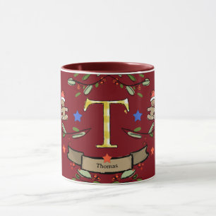 Caneca Monograma "T" de Natal Retro Bonito com nome
