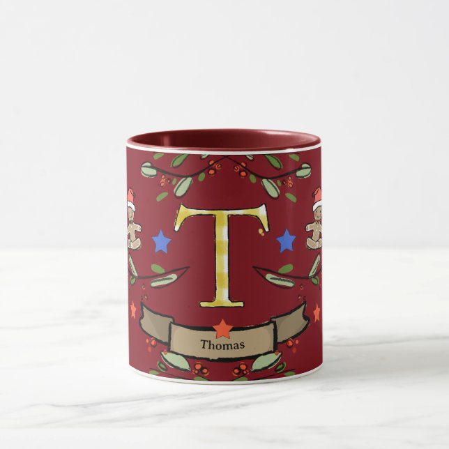 Caneca Monograma "T" de Natal Retro Bonito com nome (Centro)