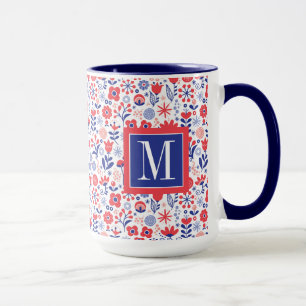 Caneca Monograma teste padrão floral azul & coral de
