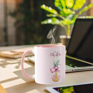 Caneca Monograma tropical de Verão de ananás arco rosa