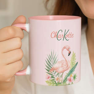 Caneca Monograma tropical de verão rosa flamingo