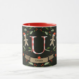Caneca Monograma "U" de Natal Retro Bonito com o nome
