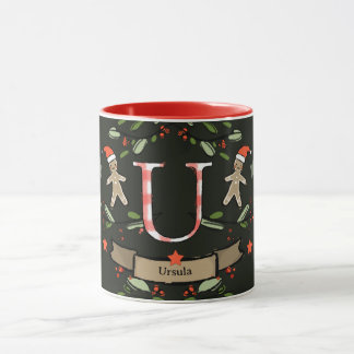 Caneca Monograma "U" de Natal Retro Bonito com o nome