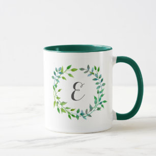 Caneca Monograma verde da grinalda   da folha da aguarela