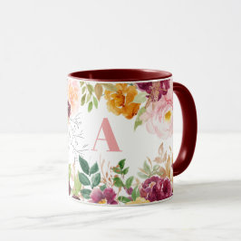 Caneca Monograma verde elegante com flor de aquarela