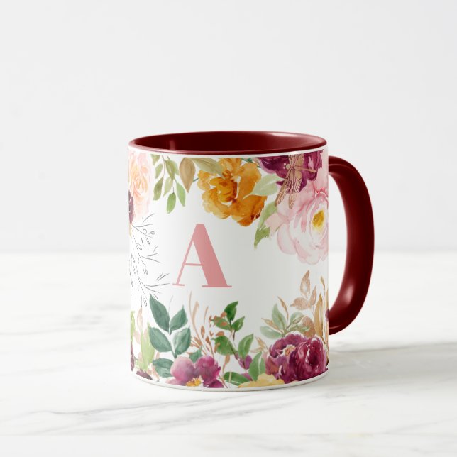 Caneca Monograma verde elegante com flor de aquarela (Frente Esquerda)