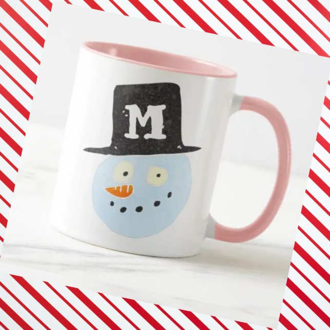 Caneca Monogrammed cute watercolor snowman face smiling (Criador carregado)