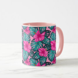 Caneca Monstera Leaves e Hibiscus, Teal e Rosa