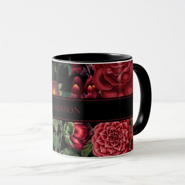 Caneca Moody Florals Black & Burgundy Vintage Monograma (Frente Esquerda)