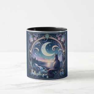 Caneca Moonlit Cat Fantasy Blue Art Nouveau