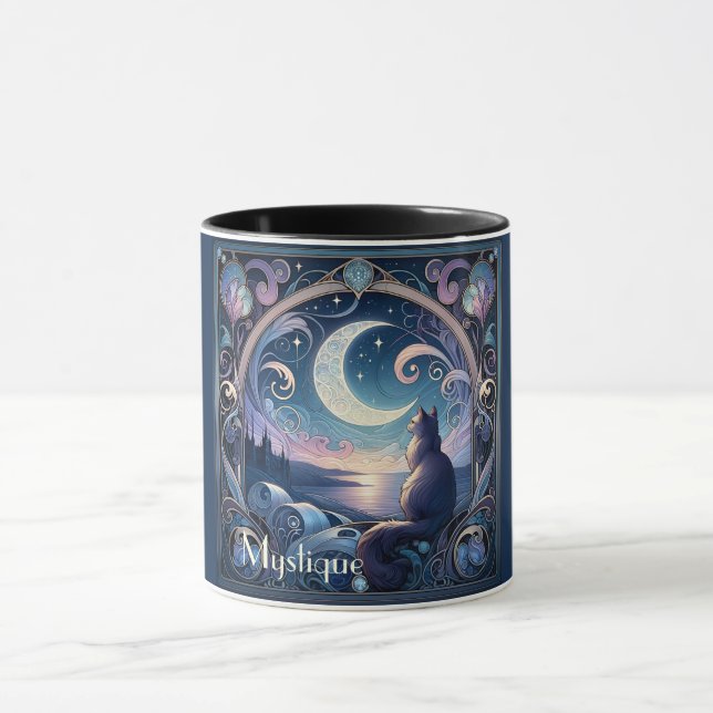 Caneca Moonlit Cat Fantasy Blue Art Nouveau (Centro)