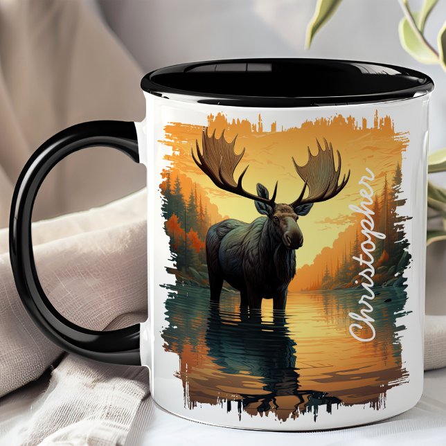 Caneca Moose na Reflexão do Lago de Outono (Criador carregado)
