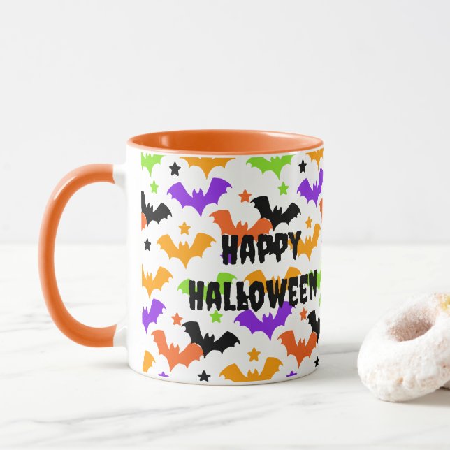 Caneca Morcegos Coloridos de Halloween (Com Donut)