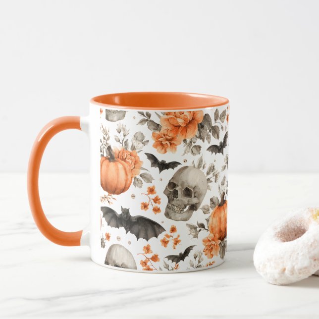 Caneca Morcegos e flores do crânio do Halloween (Com Donut)