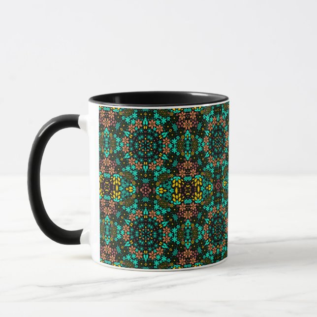 Caneca Mosaico abstrato caleidoscópico floral flores pret (Esquerda)