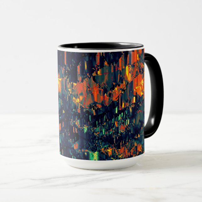 Caneca Mosaico abstrato de fogueira deslocada em verde (Frente Esquerda)