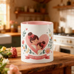 Caneca Mother & Daughter Floral Heart- Happy Mother's Day<br><div class="desc">Celebrate the unique bond between a mother and her daughter with this beautiful and heartwarming design. Centered within a large, decorated pink heart, a loving mother and daughter share a tender embrace, both with stylish pink bows in their hair. They are framed by lush, symmetrical floral sprays in teal, cream,...</div>