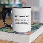 Caneca Motherhood Engraçada Não Recomendaria<br><div class="desc">A mãezinha engraçada com a palavra "maternidade",  com 1 em cada 5 estrelas,  uma crítica ruim dizendo "deprimido do sono,  corpo sagaz,  não a recomendaria",  e seu nome.</div>