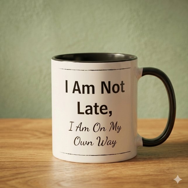 Caneca Motivational Quote Coffee Mug (Custom text ceramic mug with black handle. The text reads "I am not late, I am on my own way")