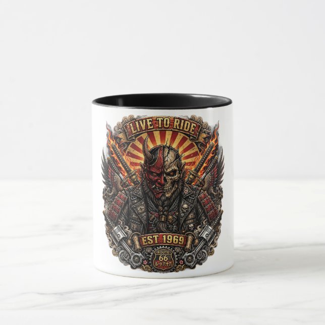 Caneca Motoqueiro Samurai Oni, Viva para Pedalar Est 1969 (Centro)
