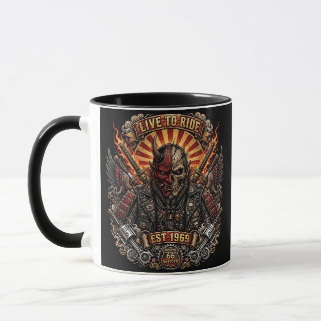Caneca Motoqueiro Samurai Oni, Viva para Pedalar Est 1969 (Esquerda)