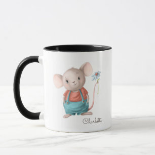 Caneca Mouse Cute Segurando Flor Nome Personalizado