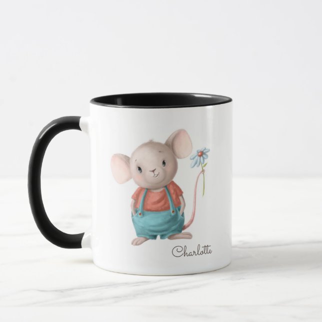 Caneca Mouse Cute Segurando Flor Nome Personalizado (Esquerda)
