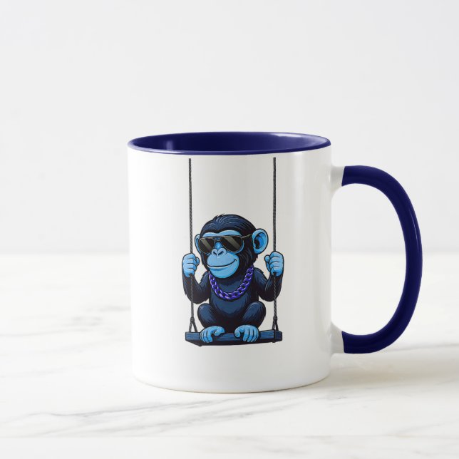 Caneca Mug cartoon stylisé singe bleu cool sur balançoire (Direita)