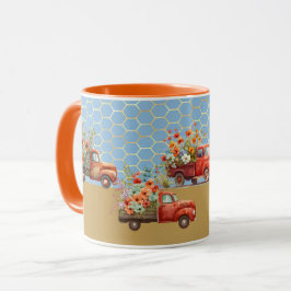 Caneca Mug com Caminhões Vermelhos e Flores