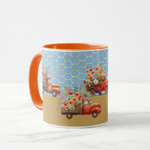Caneca Mug com Caminhões Vermelhos e Flores
