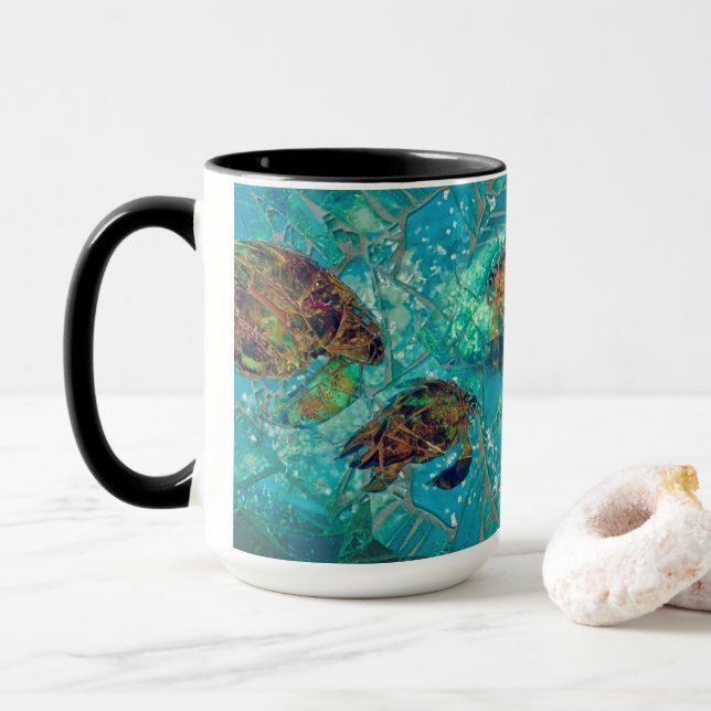 Caneca Mug das Tartarugas, com realce mosaico, Indigenosi (Com Donut)