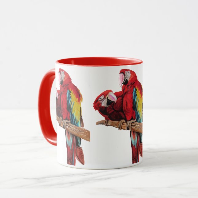 Caneca Mug de Aquarela Red Macaw (Frente Esquerda)