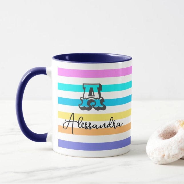 Caneca Mug De Café Girly Rainbow, Monograma Personalizado (Com Donut)