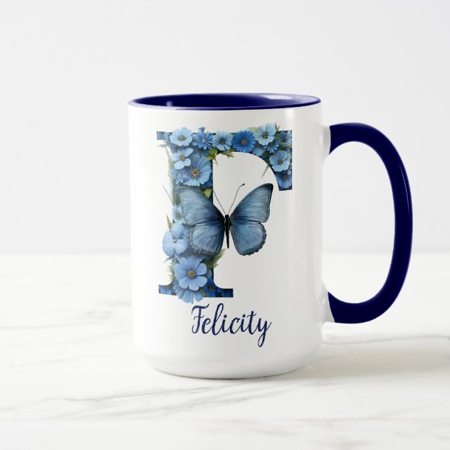 Caneca Mug De Café, Monograma, Azul Floral, De 15 Oz (Direita)