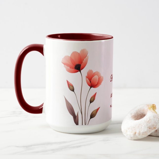 Caneca Mug de café personalizado com flores do mês de ago (Com Donut)