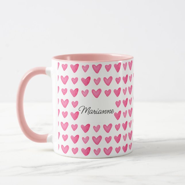 Caneca Mug de Corações Rosa-Cor-de-Água Personalizável (Esquerda)