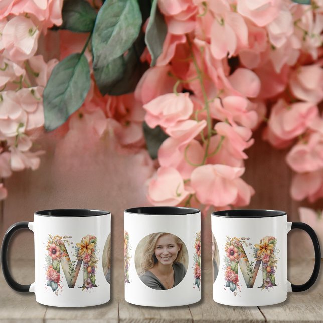 Caneca Mug de foto personalizada de flor de Dia de as mãe (Personalised MOM Mothers Day flower Photo Mug)