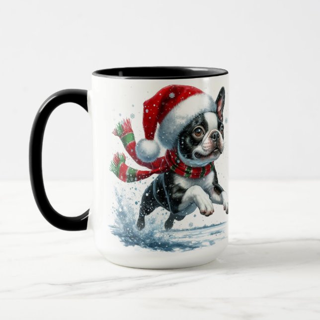 Caneca Mug de Neve de Natal em Boston Terrier (Esquerda)