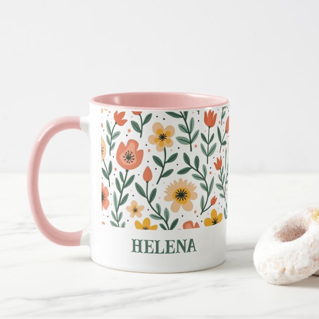 Caneca Mug Floral de Mensagem Personalizada de Nome Perso (Com Donut)