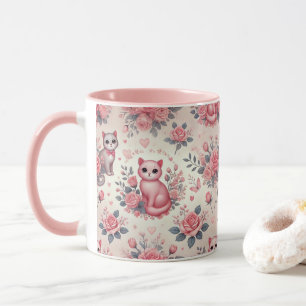 Caneca Mug Gato Rosa Elegante com Rosas - Cute e Na moda