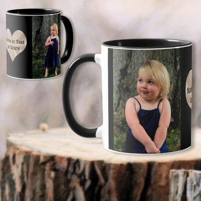 Caneca Mug personalizado com foto e texto no coração (Personalized Father's Day Gifts. 2 Photo Coffee Mugs. Nice, gift ideas for grandpa and dad. )