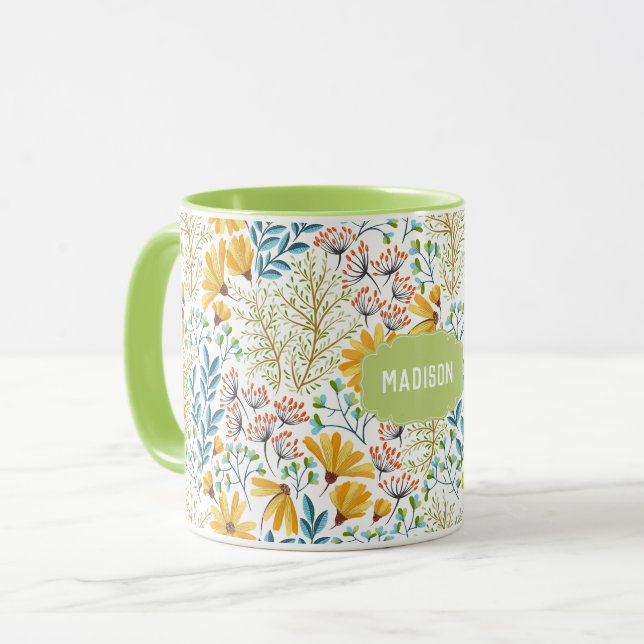 Caneca Mugs de Ilustração de Flor de Nome Personalizado (Frente Esquerda)