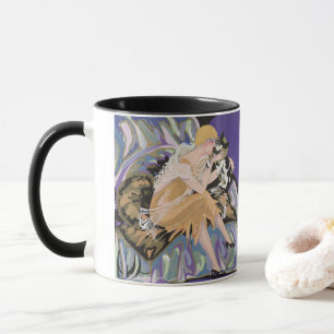 Caneca Mulher Art Déco Vintage com Gato por S. Chompre