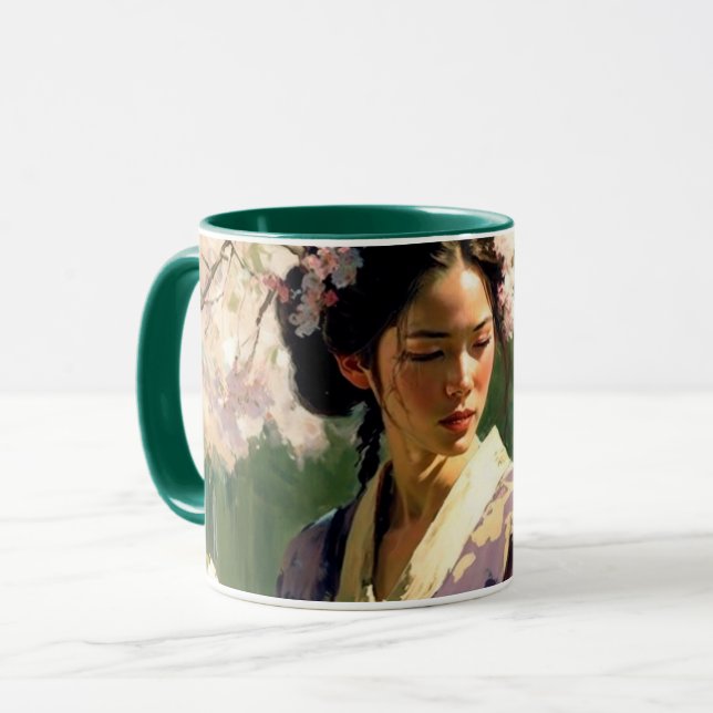 Caneca Mulher caminhando sob árvores cerejeiras em um dia (Frente Esquerda)