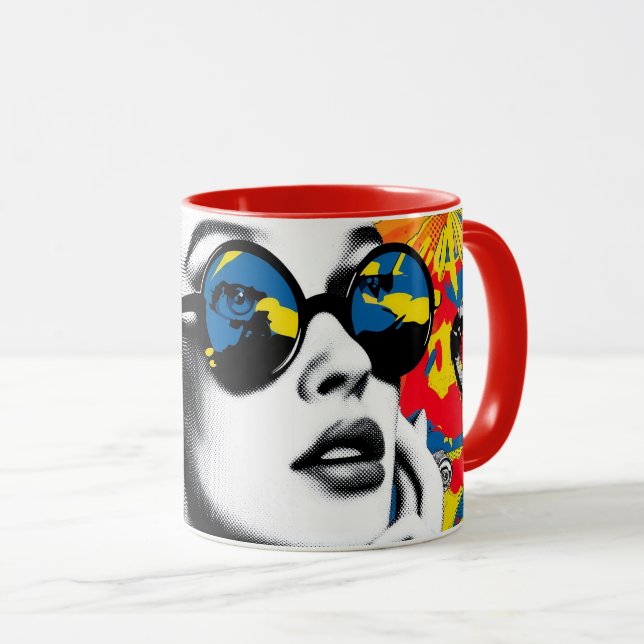 Caneca Mulher de arte pop com óculos de sol (Frente Esquerda)