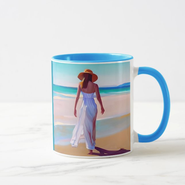 Caneca Mulher de branco na praia (Direita)