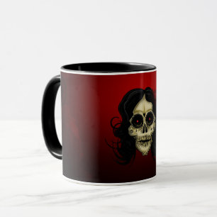 Caneca Mulher de Crânio de Açúcar Gótico Rosa Vermelha Di