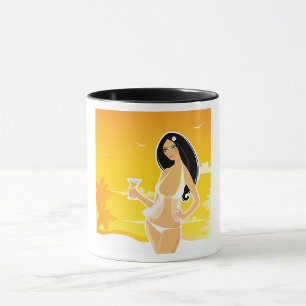 Caneca Mulher de Verão na Praia Pôr do Sol Tropical