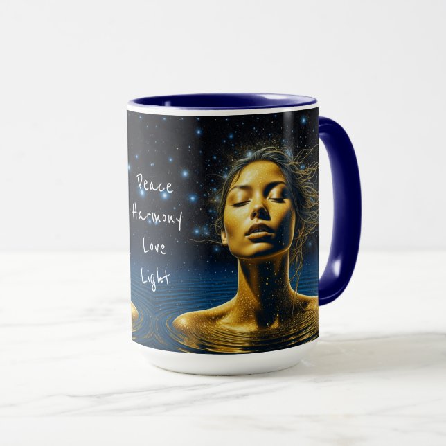 Caneca Mulher Etérea Meditando Sob as Estrelas (Frente Esquerda)