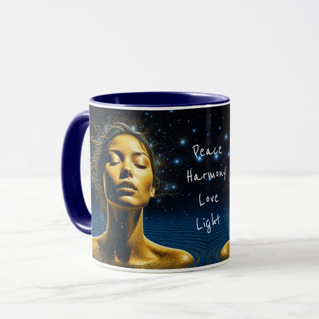 Caneca Mulher Etérea Meditando Sob as Estrelas (Frente Esquerda)